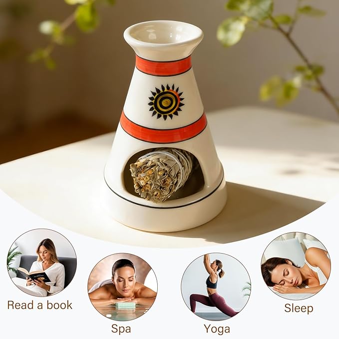 MOUGIGI Handcrafted Sun Totem Ceramic palo santo sticks holder with - Tent-Shape Mini chiminea for Sage, Incense Cones & Smudging Rituals -Thoughtful Gifts for Yoga, Meditation, Ash, Zen, Aromatherapy