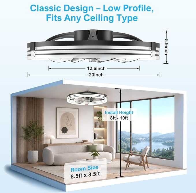 Ceiling Fans with Lights and Remote, 20'' Low Profile Ceiling Fan, 1-6 Wind Speeds, 3000-6500K Dimmable Flush Mount LED Fan Light, Modern Fandelier Ceiling Fans for Bedroom
