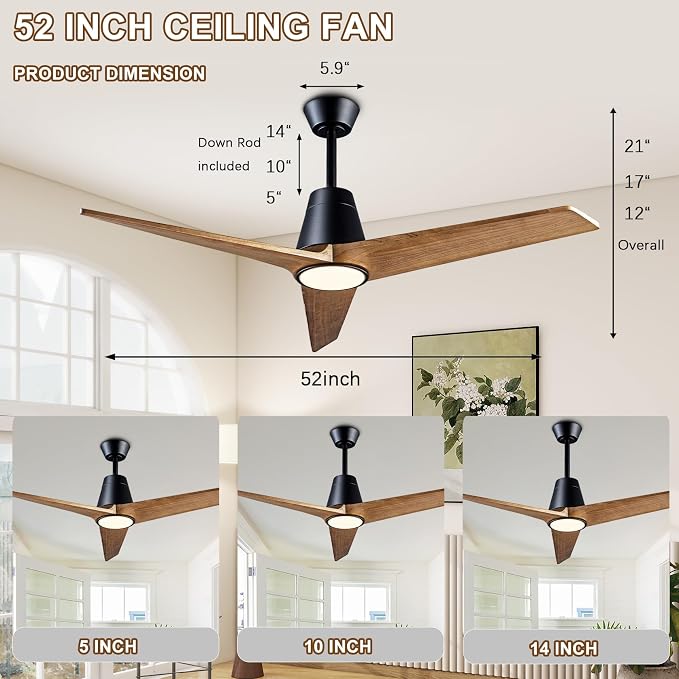 52'' Solid Wood 3 Blades Ceiling Fan RGB Light DC Reversible Remote Control | 20-year sycamore wood blades, reversible dc motor, 6-speed timer remote, dimmable rgb light with memory, bedroom living room