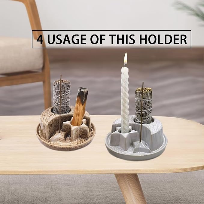 Palo Santo Stick Holder,Ceramic Sage Holder for Burning,4 in 1 Incense and Candle Holder,Ash Catcher Tray for Meditation Yoga Room Speckled White