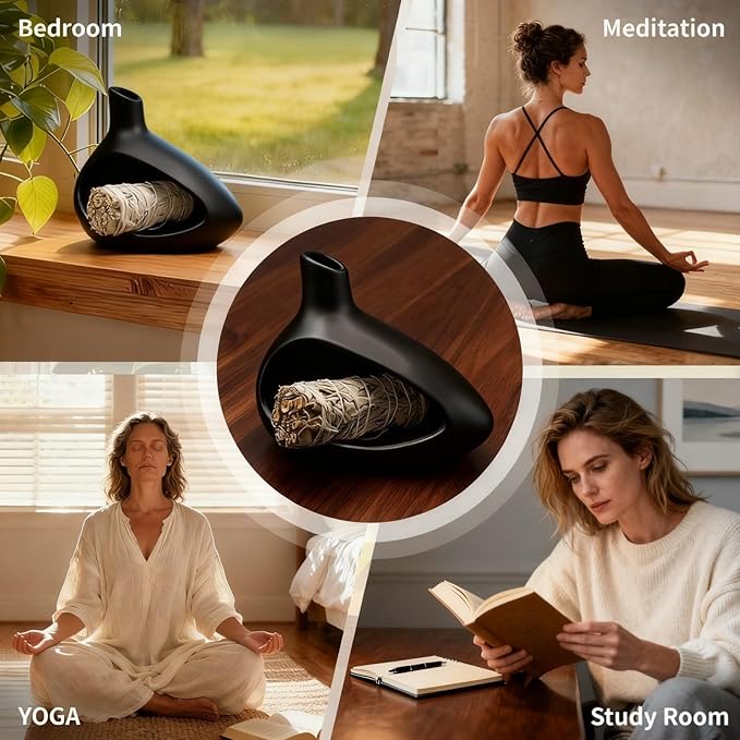 Palo Santo Holder, Ceramic Incense Burner for Sticks Sage Holders Cone Burning Smudge Bowl with Ash Brush for Meditation Yoga Spa Room Decor (Black)