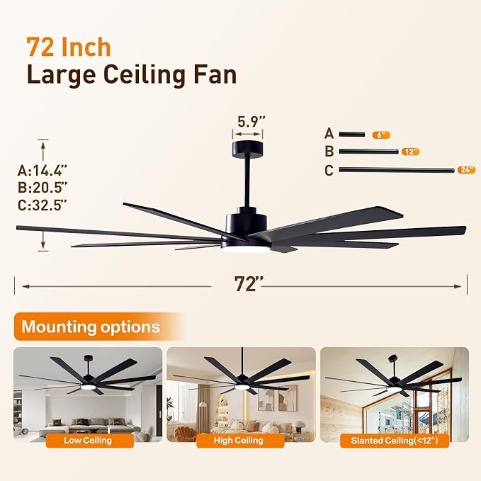 Minislak 72Inch Large Black Ceiling Fans with Light and Remote Control,8 Wooden Blades,6-Speed,3CCT,Quiet Reversible DC Motor Indoor Outdoor Ceiling Fan for Patio/Living Room/Garden