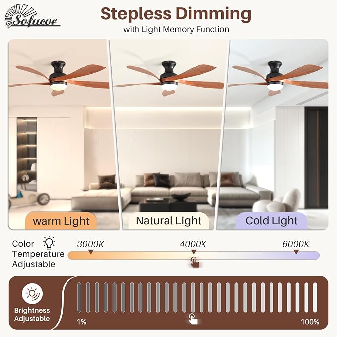 Sofucor Smart 52'' Low Profile Ceiling Fan with Lights and Remote, Flush Mount Ceiling Fan Work with APP/Alexa/Google for Farmhouse Bedroom Living Room Patio, Dimmable LED Quiet Reversible DC Motor