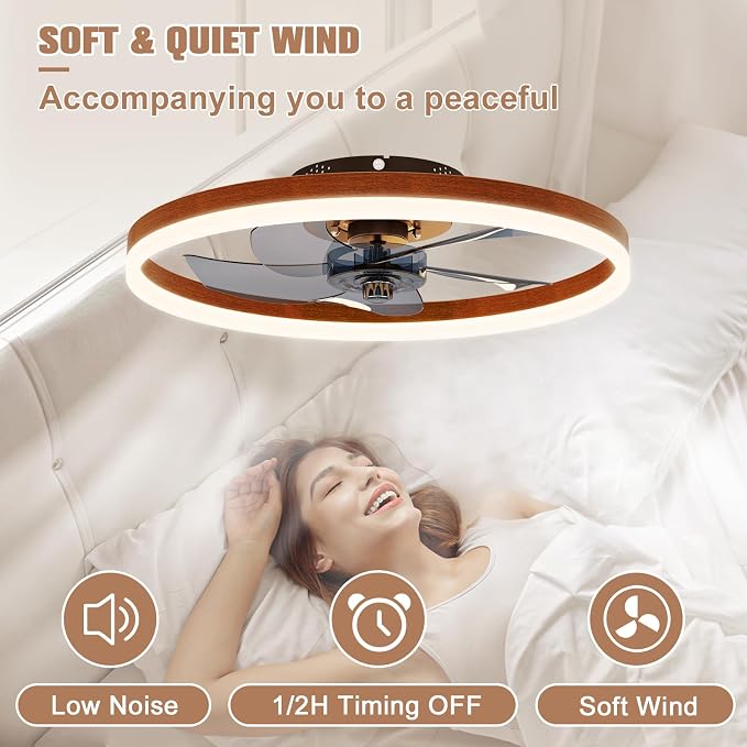 VOLISUN Farmhouse Ceiling Fans with Lights and Remote,No Assembly, 19.7in Low Profile Ceiling Fan Flush Mount, 3000K-6500K Dimmable Bladeless Fandelier Ceiling Fans with Lights for Bedroom(Walnut)
