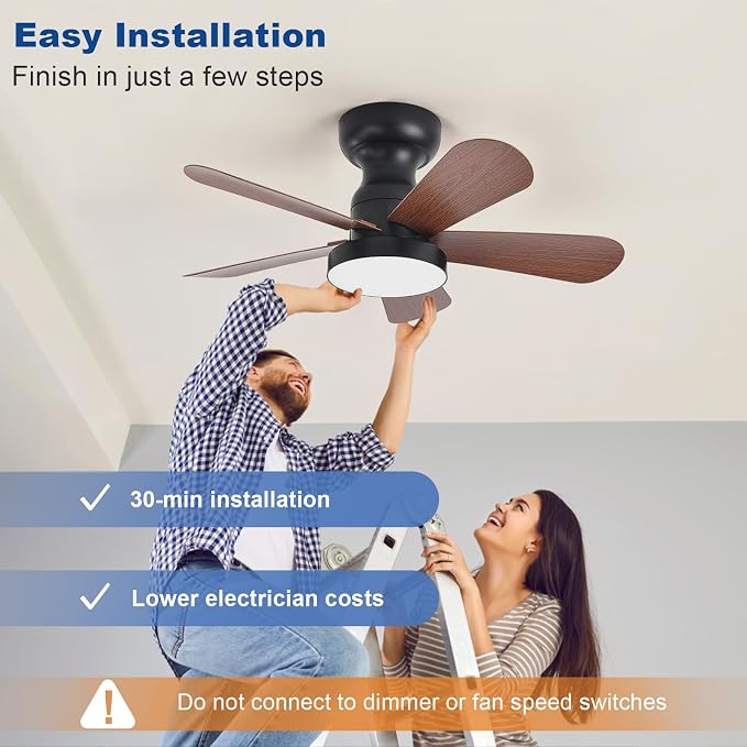 Depuley Small Ceiling Fan with Lights: 28-Inch Flush Mount Fan with Light and Remote - Low Profile Ceiling Fans Reversible Quiet DC Motor for Bedroom Living Room Indoor Outdoor, Walnut