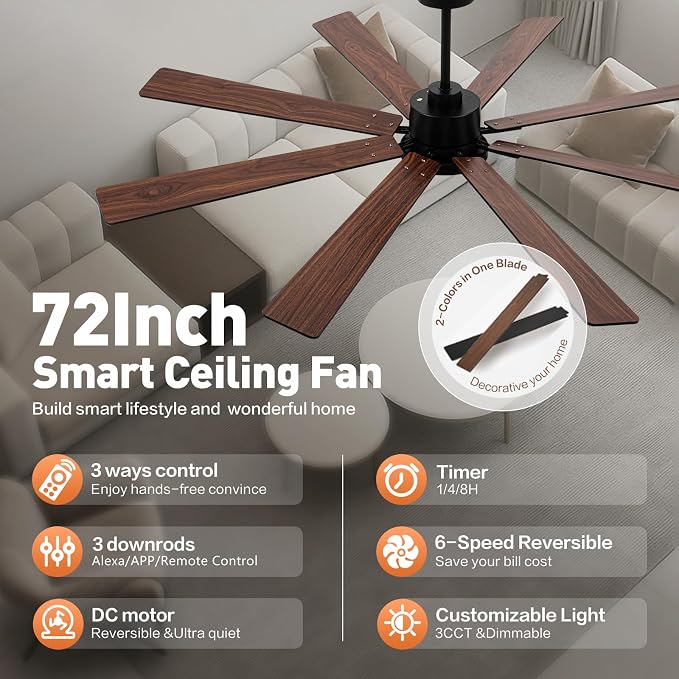72 Inch Large Smart Ceiling Fan with Light and Alexa/APP(via WiFi),Black Indoor Outdoor Ceiling with Remote for Bedroom Patio,6 Speed,Quiet DC Motor,3CCT,8 Wooden Blades