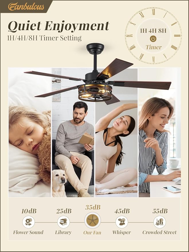 Fanbulous Farmhouse Ceiling Fans with Light, 48 Inch Bedroom Ceiling Fan with Lights, 6-Speed Adjustable, Quiet and Reversible DC Motor, Dual Finish 5 Blades, Rustic Caged Ceiling Fan for Living Room