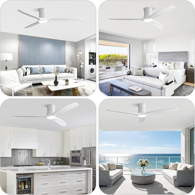 Sofucor 52 Inch Low Profile Ceiling Fan with Lights and Remote | Outdoor Modern Flush Mount, 6-Speed 3-CCT with Timer, 3 Wood Blades, For Bedroom Living Room Patios