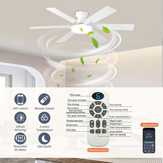 Ceiling Fans with Lights,54 Inch Low Profile Ceiling Fan with Light and Remote Control,6 Speeds/6 Blade,Flush Mount,LED Dimmable DC Reversible Modern, White Ceiling Fan for Bedroom/Living Room
