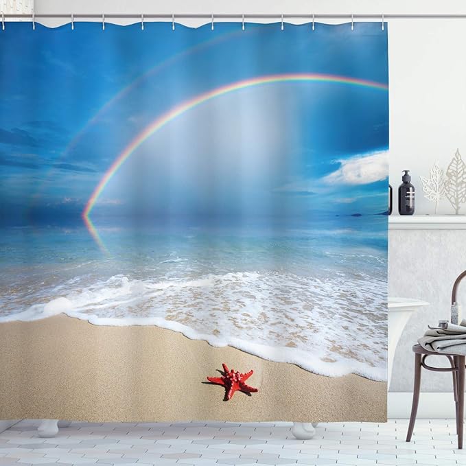 Ambesonne Starfish Shower Curtain, Rainbow Over The Sea Clouds and Clear Sky Foamy Ocean Waves on The Sandy Beach, Cloth Fabric Bathroom Decor Set with Hooks, 69" W x 84" L, Azure Blue Tan