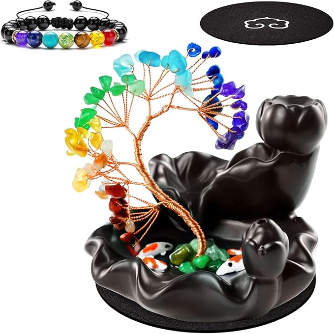 Backflow Incense Burner Ceramic Incense Waterfall Backflow Incense Holder 7 Chakras Gemstone Money Tree Crystal Tree Namaste Chakra Bracelet Cushion FengShui (Dark Brown)