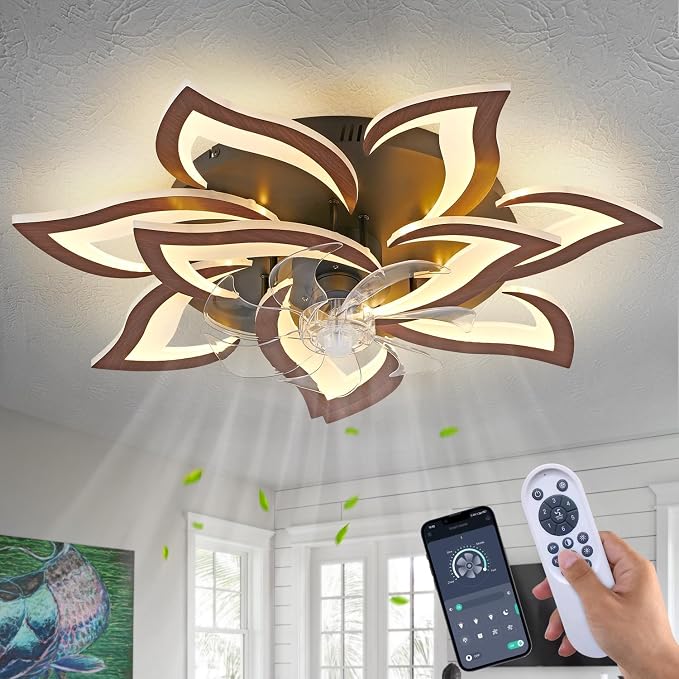 Modern Ceiling Fan with Lights Remote Control, 32" Wood 6 Speeds 3 Light Color Low Profile Flush Mount Ceiling Fan for Kitchen Bedroom