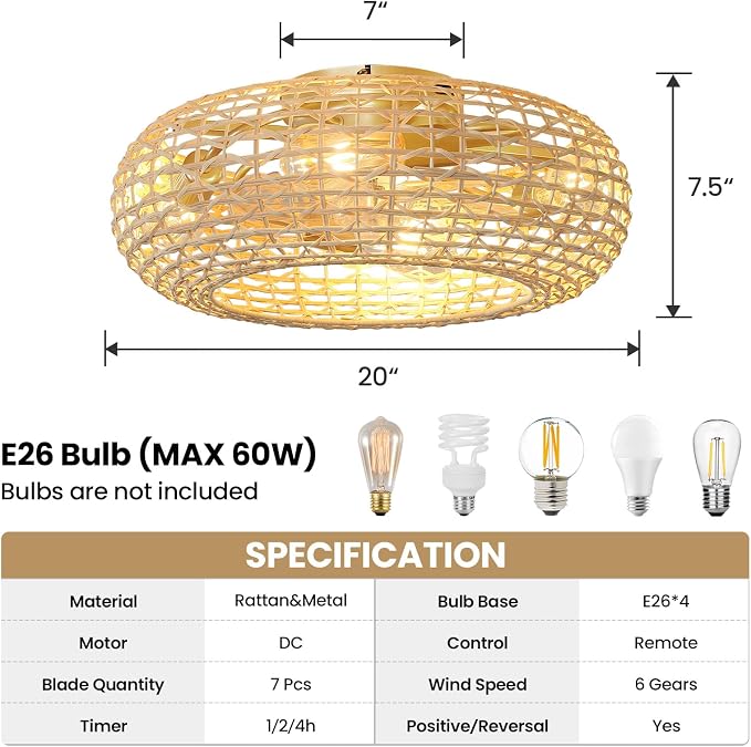 AIJIASI Boho Rattan Ceiling Fan with Light 20 Inch Flush Mount Caged Ceiling Fans with Light and Remote Control Enclosed 6 Speeds Low Profile Ceiling Fan Light for Bedroom Living Room Kitchen