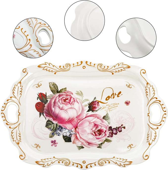 DEAYOU 3-Pack Melamine Serving Tray, Stackable Food Tray with Handles for Eating, Unbreakable Large Serving Platter with Floral Print for Gift, Party, Decor, Home, Restaurant, 16"L x 11"W, Rectangle