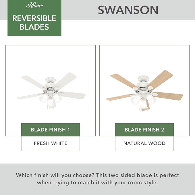 Hunter Swanson, Indoor, Ceiling Fan, with LED Lights, 44 inch, Fresh White | Standard Mount, Pull Chain, 5 Blades, For Bedroom, Living Room, Kitchen, 50885