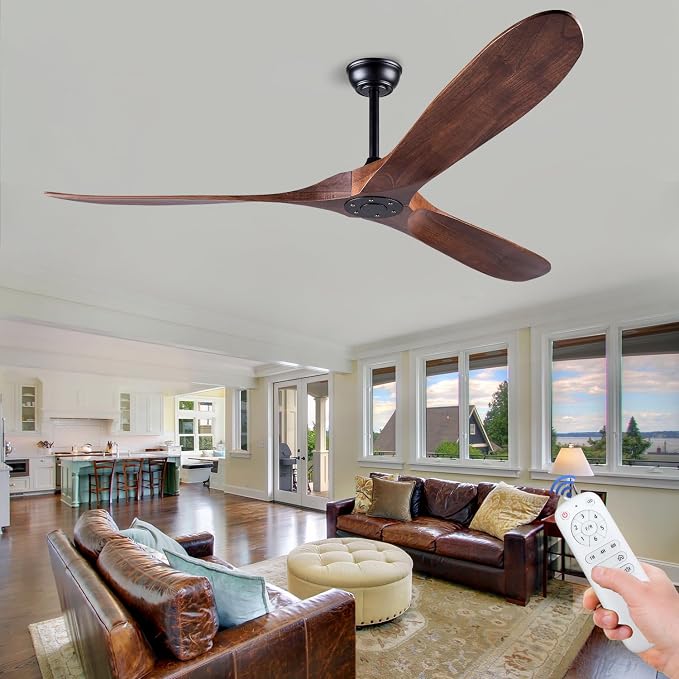 Ceiling Fans without Lights, 60 Inch Wood Ceiling Fan no Light with Remote, Outdoor Ceiling Fan for Living Room, Patio, Porch, 6 Speeds, Quiet DC Motor(Deep Walnut Blades)