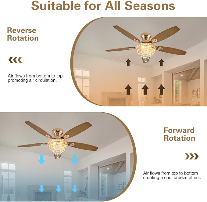 Crystal Ceiling Fan Fandelier with Lights-Ceiling Fans with Lights,54" Low Profile and Remote Control, Flush Mount, Reversible, Dimmable, Noiseless,Gold Ceiling Fan for Bedroom