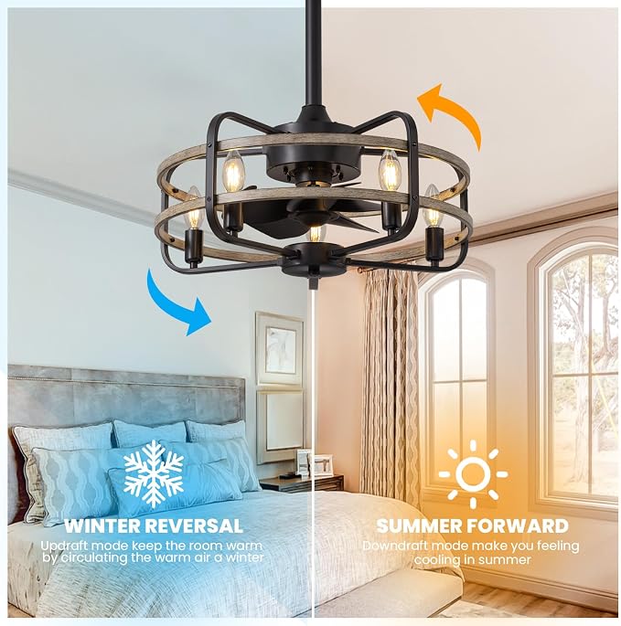 NOXARTE 20 Inch Caged Ceiling Fan with Light and Remote, Flush Mount Vintage Farmhouse Fandelier 6 Speeds Reverse Motor Rustic Bladeless Ceiling Fan for Bedroom Living Room Dining Room