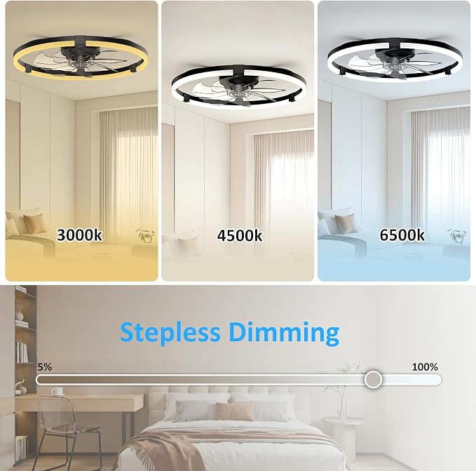 20'' Low Profile Ceiling Fan with Lights, Ceiling Fans with Lights and Remote, 3000-6500K Dimmable Modern Flush Mount LED Fan Lights, 6 Wind Speeds Ceiling Fans for Bedroom