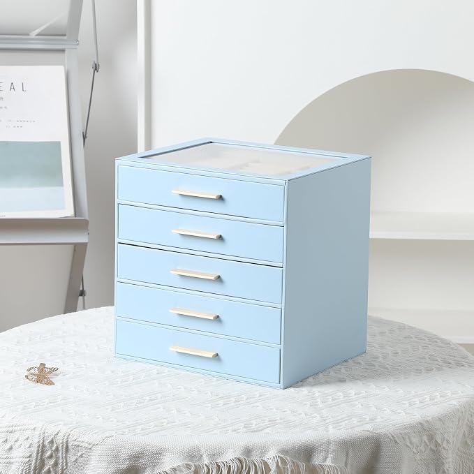 Frebeauty Jewelry Box for Women,Clear Lid Jewelry Organizer with 5 Drawers | Faux Leather,Velvet Lining,5-Layer Large Capacity,Jewelry Storage for Rings Earrings,Dustproof Design,Golden Stylish Handle
