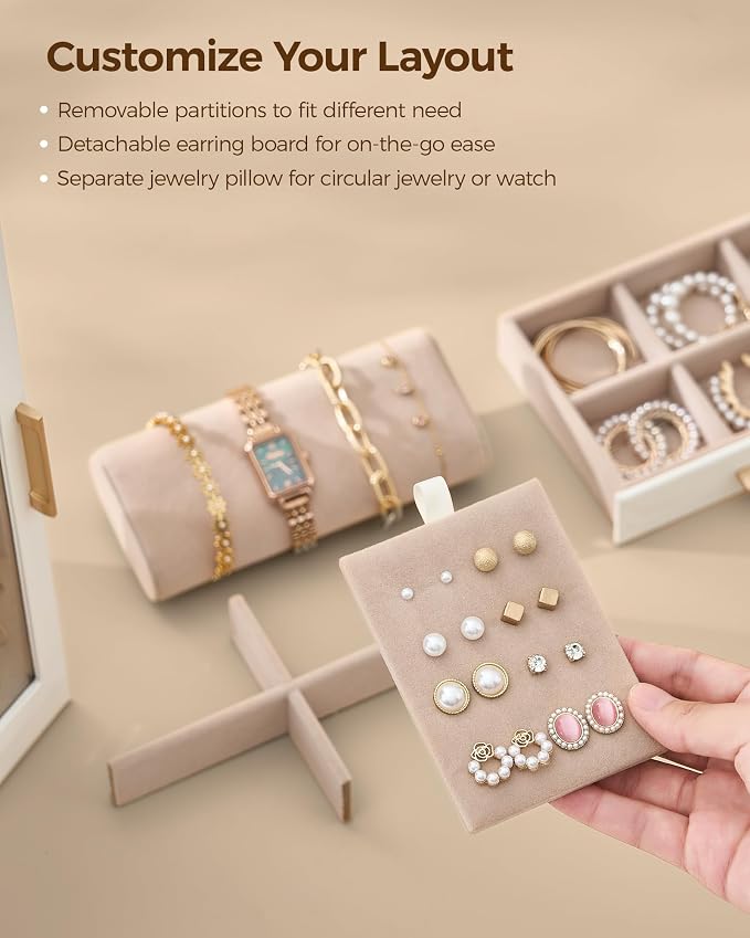 Glimmloop 360° Rotating Jewelry Box with 5 Drawers, Spacious Vertical Jewelry Organizer with Glass Window, Jewelry Storage Case, Dustproof & Moisture-resistant Design, White