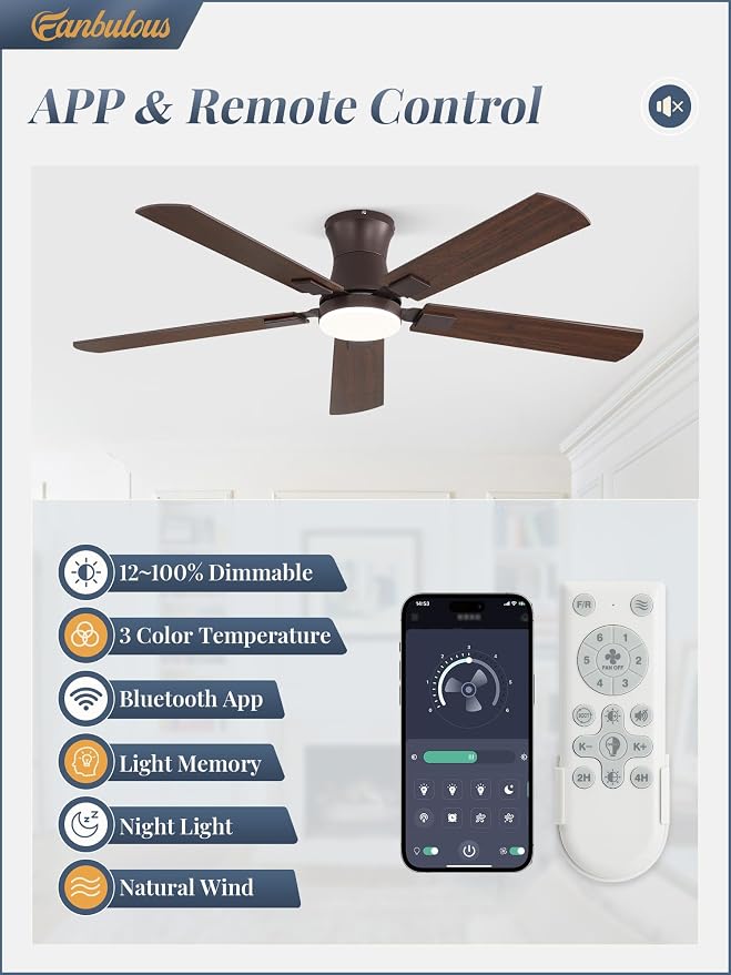 Fanbulous 52 inch ceiling fan with light, Low Profile Ceiling Fan with Light, App&Remote Control, Dimmable LED Light, Flush Mount Ceiling Fan for Indoor Bedroom Living Room, Qiuet DC Motor