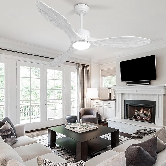 52 Inch White Ceiling Fan with Lights and Remote, Retro White Wood Low Profile Flush Mount Modern Ceiling Fan for Indoor Farmhouse Bedroom Living Room Outdoor Patio Porch, Reversible DC Motor