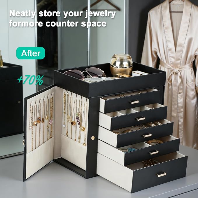 BOOVO Large Jewelry Boxes For Women (Black, 6 Layer) | 6 Layers Jewelry Organizer Box With Cosmetic Storage Drawer, Necklace Ring Jewelry Organizer Box