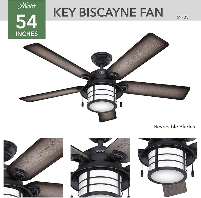 Hunter Key Biscayne, Outdoor or Indoor, Rustic, 54 inch, Weathered Zinc | Ceiling Fan, with LED Light, Standard Mount, Pull Chain, For Bedroom, Living Room, Patio, 59135