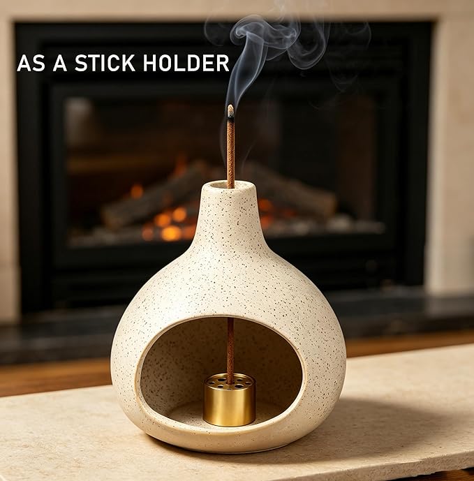Ceramic Incense Holder, Mini Palo Santo Burner Chimney for Sticks, Cone Incense and Sage Smudging, Handmade Cone Incense Holder Burner for Yoga, Meditation, and Energy Cleansing (Milky White 01)