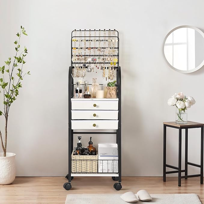 Keebofly Large Floor Jewelry Organizer Stand with 3 Drawers - Black | Mobile Jewelry Tower Holder with Display, Large Capacity Rack for Necklaces & Rings, Perfect Storage Gift for Women