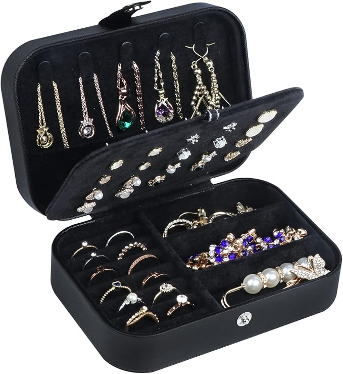 Hatori Travel Jewelry Box, PU Leather Small Jewelry Organizer for Women Girls, Double Layer Portable Mini Travel Case Display Storage Holder Boxes for Stud Earrings, Rings (Black02)