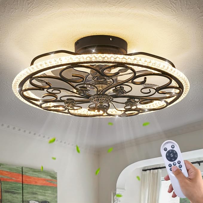 Dalouguan Black Flower Caged Ceiling Fan with Light, Rustic Industrial Ceiling Fan with Lights and Remote, LED Low Profile Ceiling Fan with Light for Bedroom Kitchen Living Room
