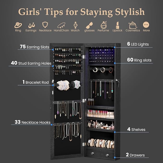 DUMOS 6 LEDs Mirror Jewelry Organizer Cabinet, Jewelry Armoire, 47.2 Inch | Hanging Door or Wall Mounted Mirror, Lockable, Large Capacity Cosmetic Storage, 2 Drawers, Gift Idea, Black