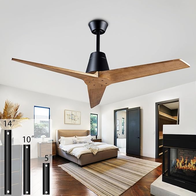 52 Inch Solid Wood 3 Blades Outdoor Ceiling Fan No Light DC Remote Control | solid sycamore blades, reversible dc motor, 6-speed timer remote, no light, for bedroom patio indoor outdoor spaces