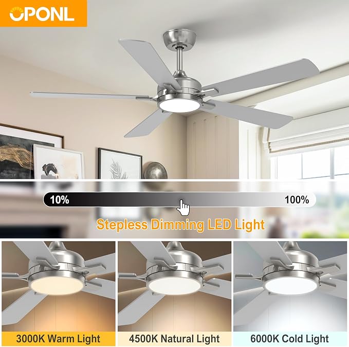 OPONL Ceiling Fan with Light, Ceiling fan with Light and Remote Control, Reversible, 6CCT, Dimmable, Noiseless, Ceiling Fan for Bedroom, Indoor/Outdoor Use, Nickel, 52 inch, Classic
