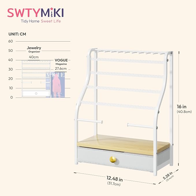 SWTYMIKI Earring Holder Organizer - Jewelry Organizer Stand with Necklace Hooks, Watch Rods, Nonwoven Drawer, Large Capacity Jewelry Display for Stud Earring Bracelet Necklace Ring, White