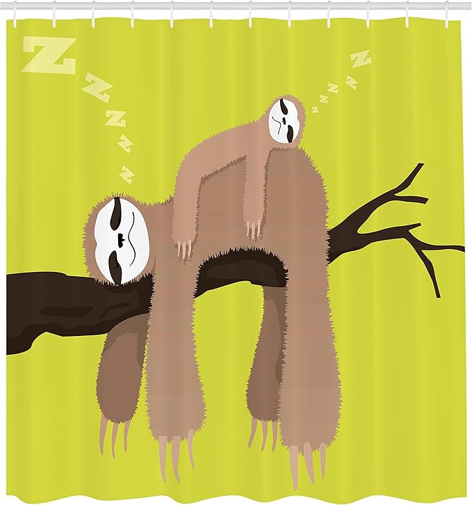 Ambesonne Sloth Shower Curtain, Cartoon Mother Sleeping on Branch Animal on Her Back Carefree Family, Cloth Fabric Bathroom Decor Set with Hooks, 69" W x 84" L, Cocoa Apple Green