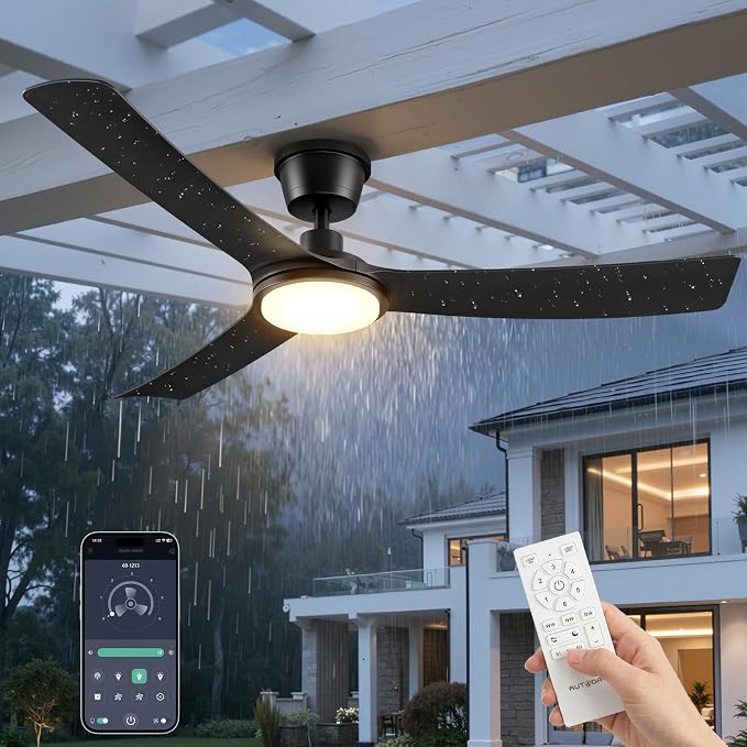 56" Outdoor Ceiling Fan with Light - IP66 Waterproof Black Ceiling Fans with Lights and Remote & App Control, Quiet DC Motor, 3 CCT, Dimmable LED Large Ceiling Fans for Patios, Gazebo, Porch