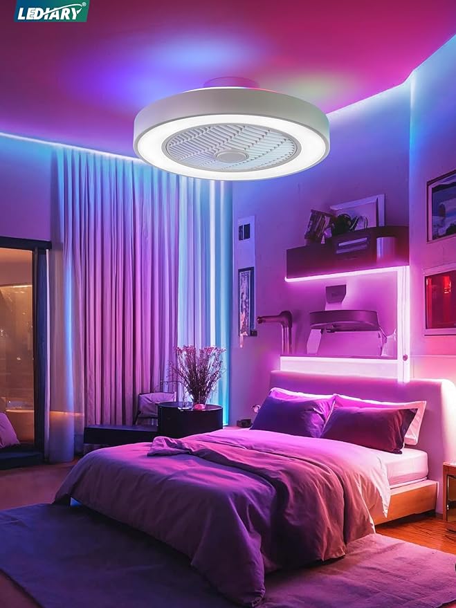 LEDIARY 20 Inch Low Profile Ceiling Fans with Lights, Led Bladeless Ceiling Fan, Remote Control Enclosed Flush Mount Ceiling Fan With Timming, 3000-6000K, 6 Wind Speed, 3000LM, 57W-White RGB