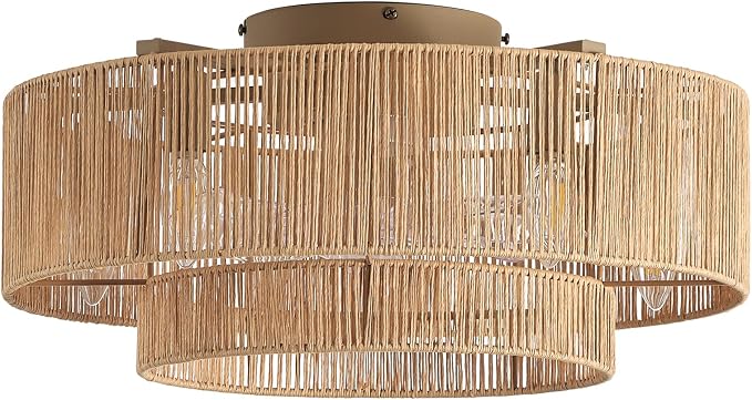 20'' Rattan Boho Ceiling Fan with Light, Enclosed Caged Ceiling Fans with Lights and Remote Control, Coastal Flush Mount with Reversible 6 Speeds for Living Room Bedroom Kitchen