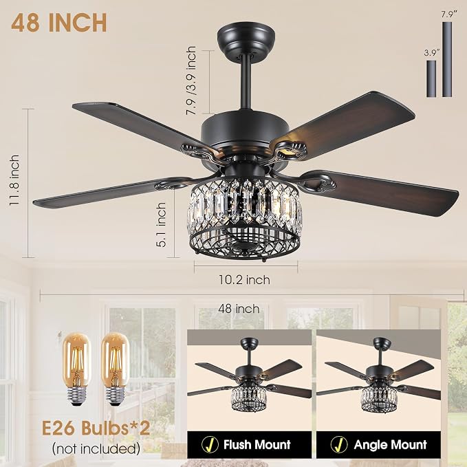 Kviflon Farmhouse Crystal Ceiling Fans with Lights and Remote, 48 Inch Chandelier Ceiling Fans, Black Fandelier Ceiling Fan for Bedroom Living Room, Quiet DC Motor, Reversible, Bulb not Included