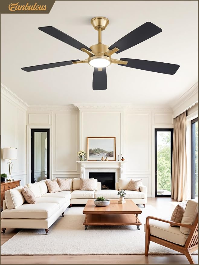Fanbulous 52 Inch Black and Gold Ceiling Fans with Lights and Remote, Stepless Color Temperature Change & Dimmable 20W LED Ceiling Fan, 6 Speeds Reversible Quiet DC Motor for Bedroom, Living Room