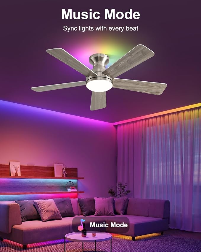 42 Inch Ceiling Fans with Lights, Smart Ceiling Fan with Alexa Google App, Nickel Ceiling Fan with RGB Lights Remote, 6 Speeds Reversible DC Motor, Modern Flush Mount for Bedroom Living Room