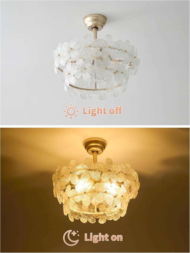 Gold Crystal Fandelier Ceiling Fans with Lights, 20" Gold Flower Chandelier Ceiling Fan with Light Remote Control, Caged Mid-Century with 6 Speeds for Bedroom, Nursery, Living Room