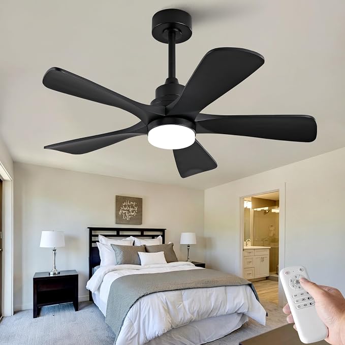 42 Inch Solid Wood Ceiling Fans with Lights, Black Ceiling Fan with Light for Bedroom, Noiseless DC Motor, Dimmable Led 5 Blades Ceiling Fan with Light