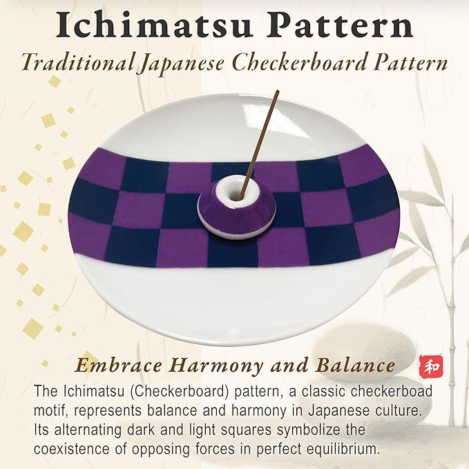 Japanese Arita Ware Incense Plate with Holder - 3.15x0.79 inches, Traditional Wamono Design, Porcelain 小紋柄香皿 (Checkerboard Pattern)