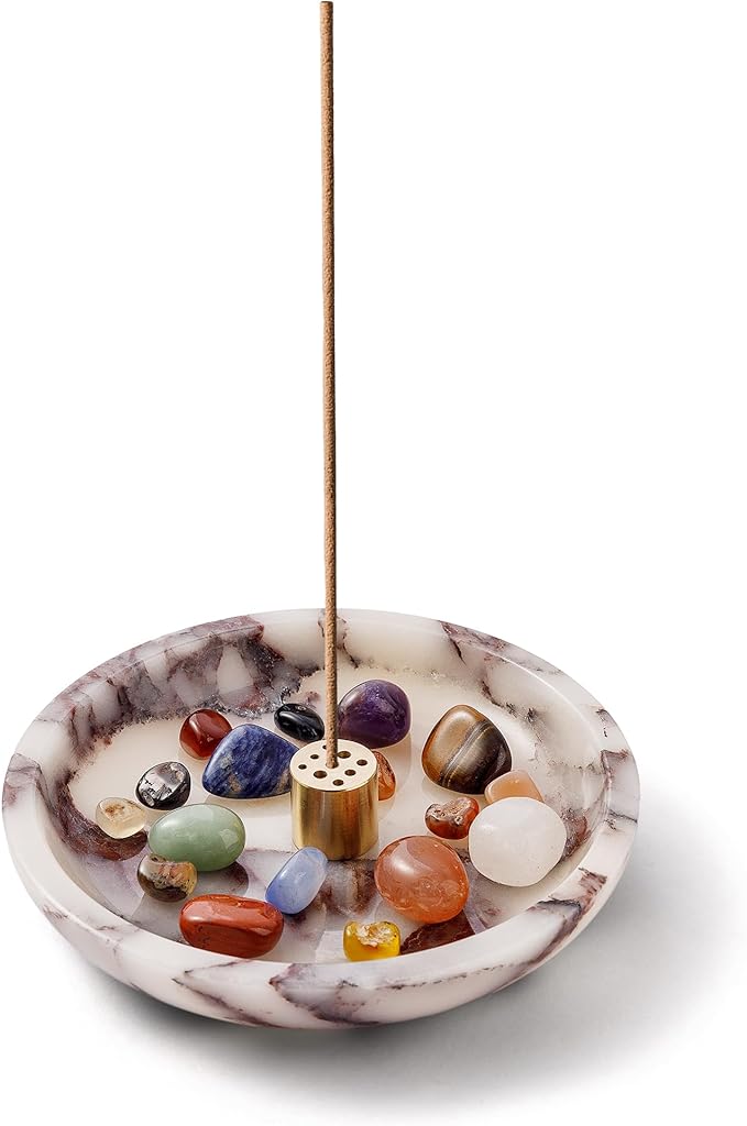 Natural Calacatta Viola Incense Holder, 5.5” Marble Incense Stick Holder with 9 Incense Holes & Crystal Stones, Handmade Incense Burner Ash Catcher for Meditation Yoga Spa Room Decor (WH094)