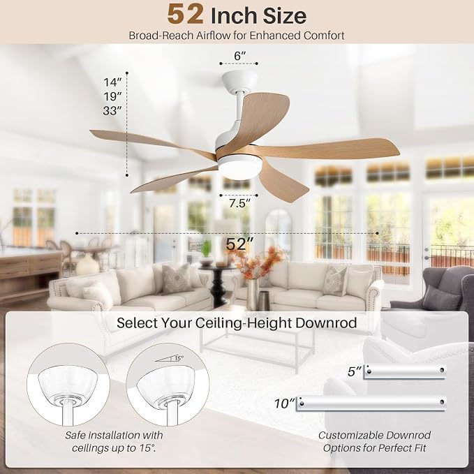 CACI Mall 52 inch Smart Ceiling Fan with Lights, Remote Control, Compatible with Alexa/Google/App, 5 Blades, Dimmable Lighting, Quiet, Indoor/Outdoor Ceiling Fans for Living Room, Bedroom, Patios