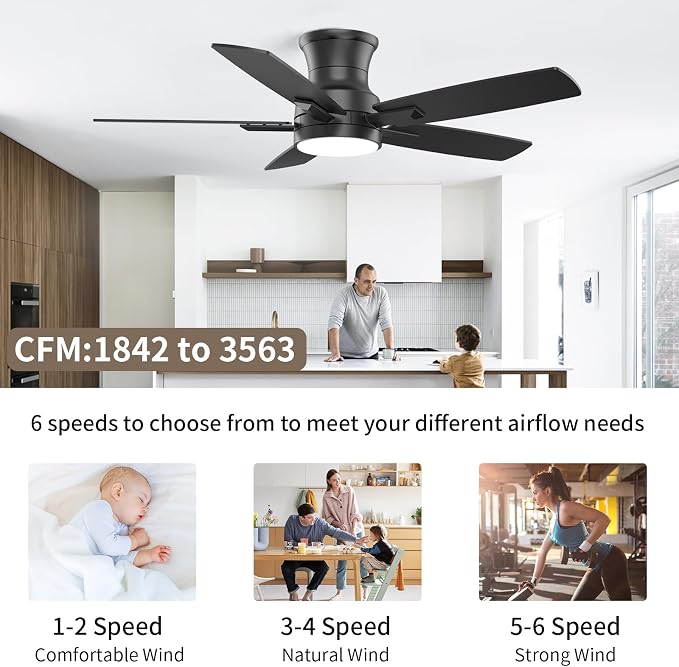 YUHAO 42 Inch Flush Mount Black Ceiling Fan with Light and Remote Control.Noiseless,Dimmable,3CCT,6 Speeds Reversible, Low Profile DC Ceiling Fans for Indoor or Covered Outdoor Use,ETL Listed